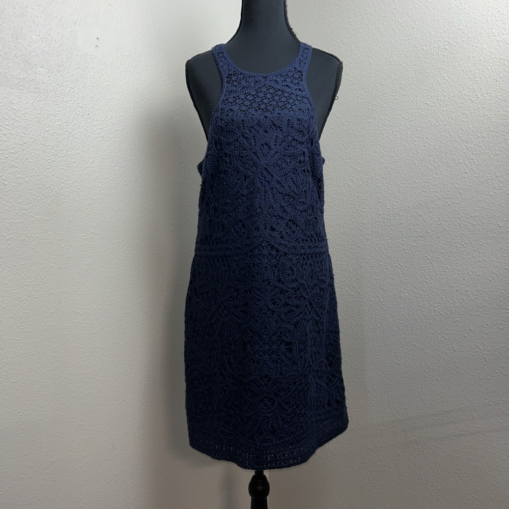 Lilly Pulitzer Eyelet Dress Women's Large Navy Blue Halter Lined Classic Preppy